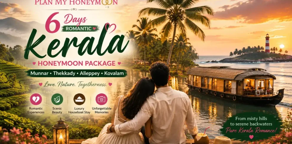 6 Days Romantic Kerala Honeymoon Package – Munnar, Thekkady, Alleppey & Kovalam with Houseboat Stay