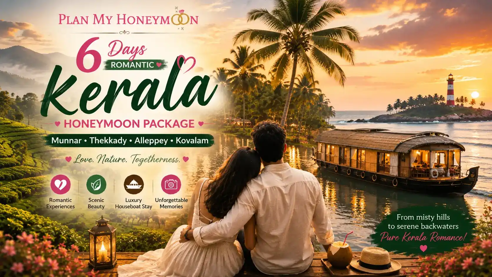 6 Days Romantic Kerala Honeymoon Package – Munnar, Thekkady, Alleppey & Kovalam with Houseboat Stay